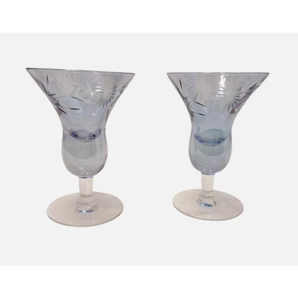 Mid-Century Modern 1960s Mid Century Modern Murano Etched Cocktail Cordial Glasses 5" Blue Barware Hand Blown Floral - a Pair For Sale - Image 3 of 16