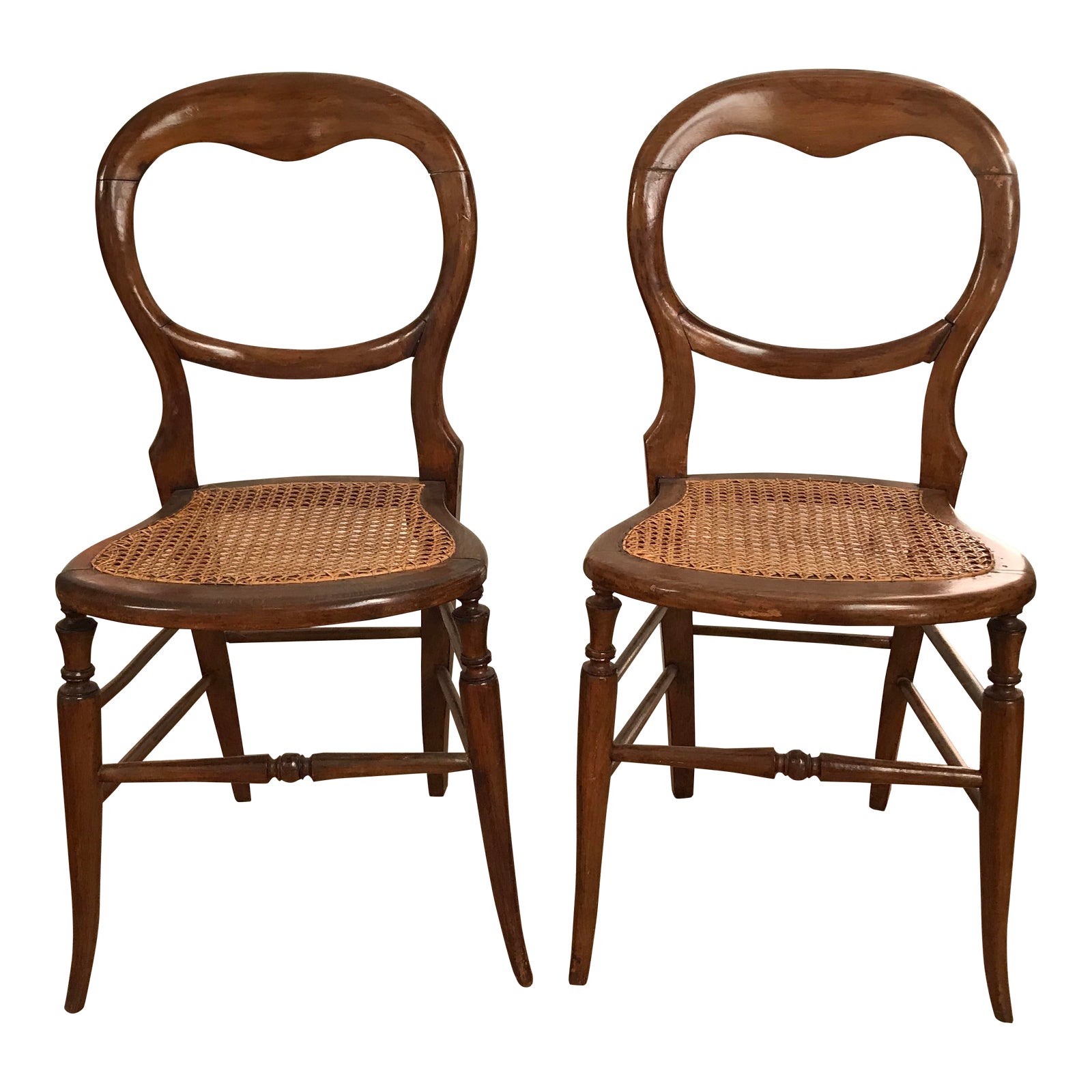 Antique Boudoir Cane Bottom Side Hall Accent Wooden Chairs a Pair