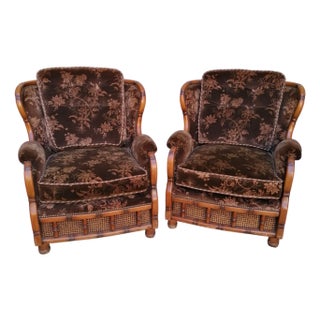 Armchairs in Velvet and Vienna Straw, 1970s, Set of 2 For Sale