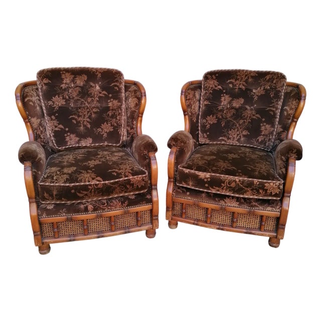 Armchairs in Velvet and Vienna Straw, 1970s, Set of 2 For Sale