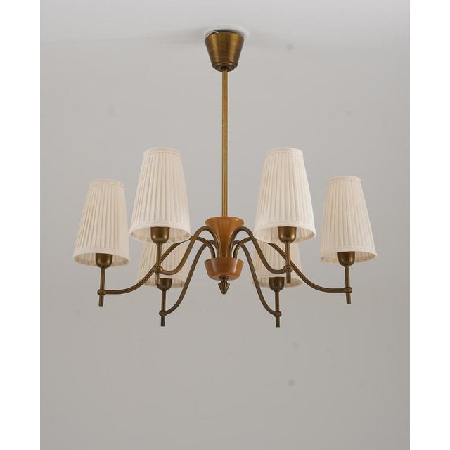 Modern Swedish Chandelier in Brass and Wood from Böhlmarks, 1940s For Sale - Image 3 of 8