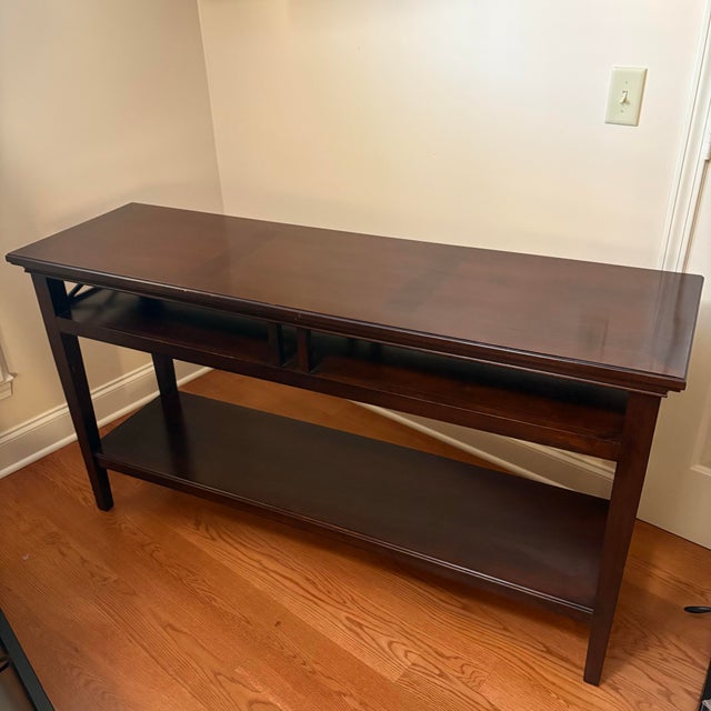 2000 - 2009 Dark Wood Console Table With X-Brace Sides & Lower Shelf For Sale - Image 5 of 11