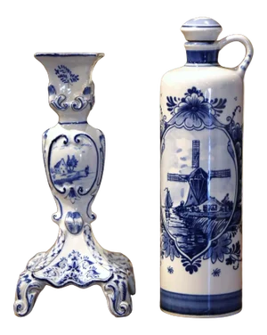 Dutch Blue and White Painted Faience Delft Olive Oil Bottle and Candle Holder
