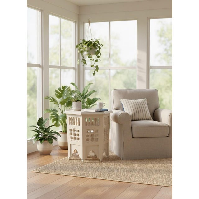 White Contemporary Moroccan Octagonal Hand-Carved White Inlaid Side Table For Sale - Image 8 of 9