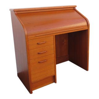 Danish Modern Mid Century Teak Wood Roll Top Secretary Desk For Sale