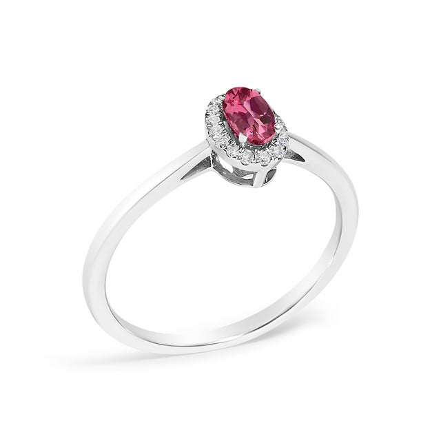 10K White Gold 5X3MM Oval Pink Tourmaline and Diamond Accent Halo Ring (I-J Color, I1-I2 Clarity) - Ring Size 7.5 For Sale - Image 4 of 7