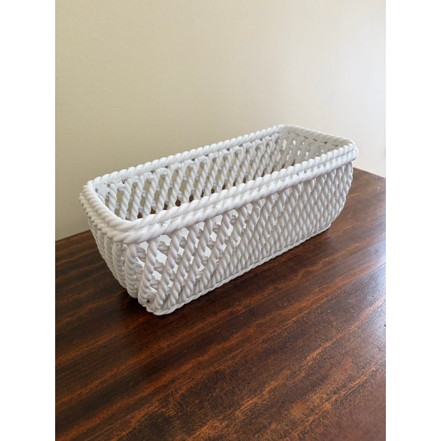 French Country French Country White Ceramic Woven Rope Cachepot Basket For Sale - Image 3 of 8
