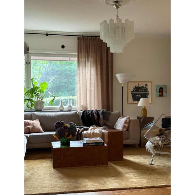 Elegant, bold white murano chandelier. Tubular tronchi formed glass prisms in white tones with a swirled marble pattern....