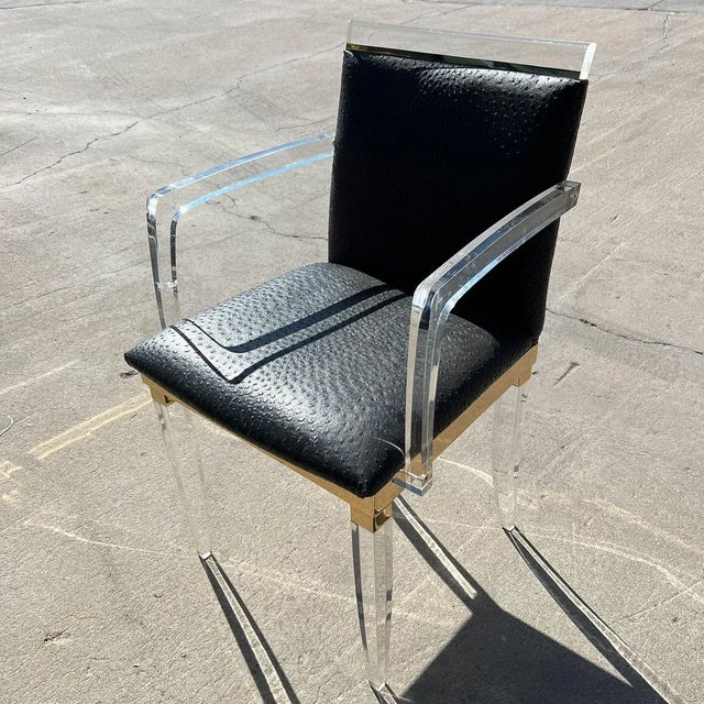 Set Four Vintage French Maison Romeo Brass, Lucite and Ostrich Leather Armchairs For Sale - Image 9 of 12