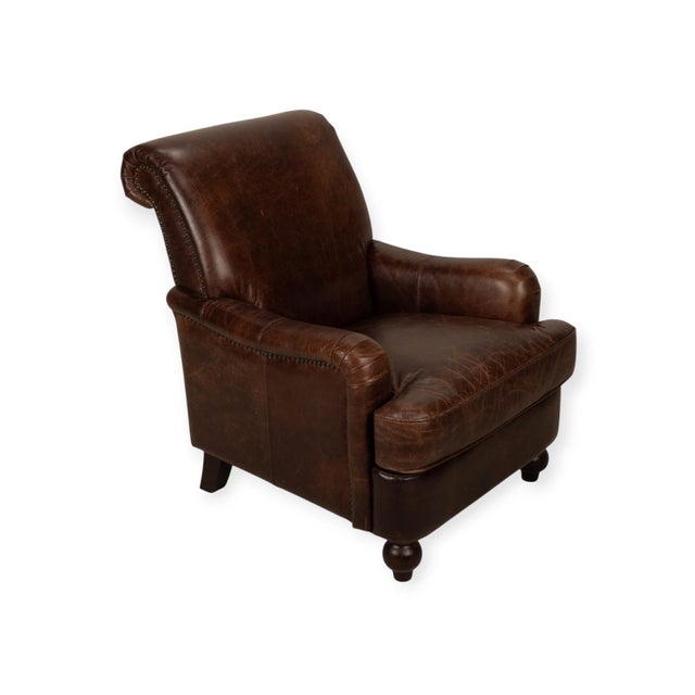 Lazzaro Brown Leather Club Chair With Nailhead Trim and Turned Wood Legs For Sale - Image 9 of 10