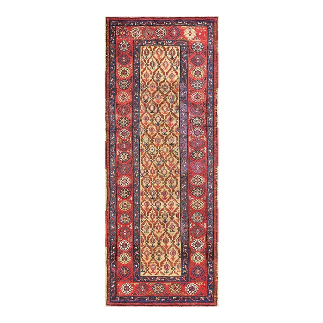 1900s Yellow Canary Geometric Hand Knotted Antique Caucasian Karabagh Rug 4'2" X 11' Wool Carpet For Sale