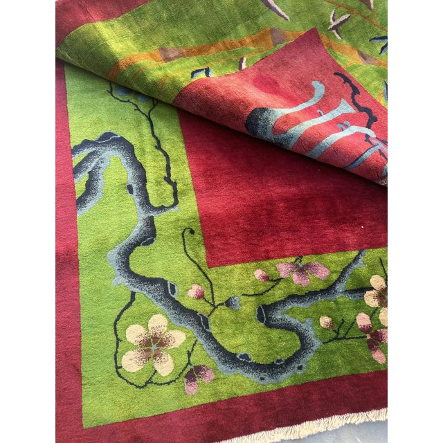 1950s Red With Green Border Floral Design Art Deco Rug - 10'x19' For Sale - Image 4 of 5