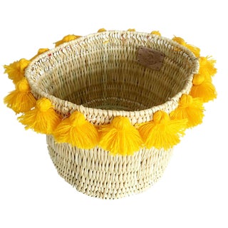 Moroccan Yellow Tassel Large Basket For Sale