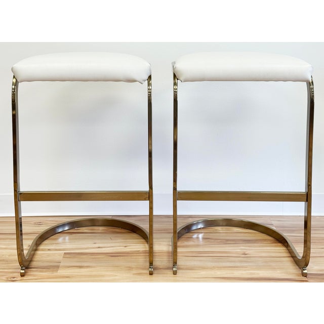 Vintage Brass Cantilever Bar Stools Attr to Milo Baughman, a Pair For Sale - Image 4 of 11