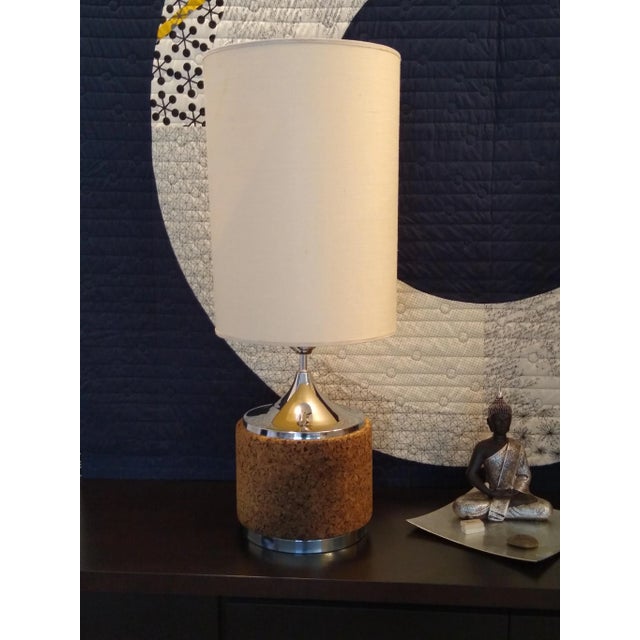 Cork & Stainless Mid-Century Modern lamps, exquisite shape: Original lamps, cord, harp and finial Original shades: 18"w /...