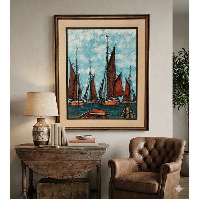 1960s Vintage Mid-Century Modern Nautical Sailboats Oil on Panel Signed For Sale - Image 5 of 5