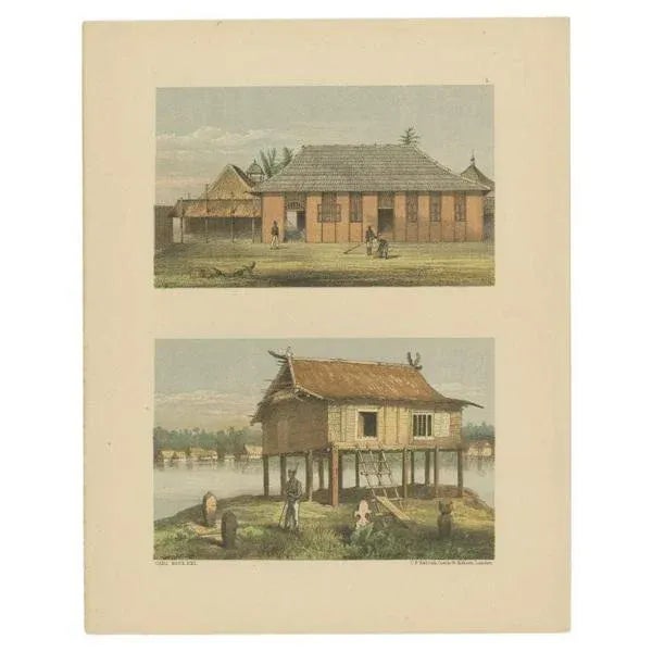 Antique print with a view of the place of the Sultan of Koetai and a Malayan house in Sumatra. This print originates from...