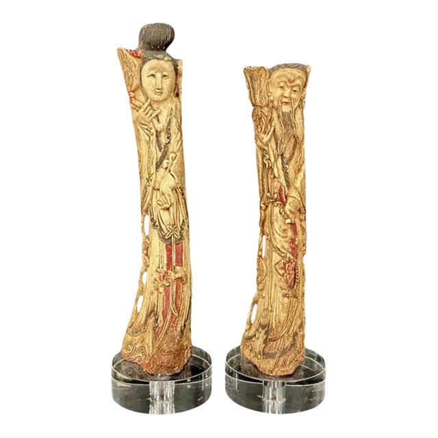 Chinese Stained and Carved Bone Ancestral Figures, a Pair For Sale