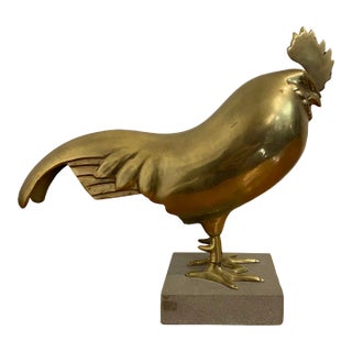 Large Italian Brass Rooster Chicken Statue on Stone Base For Sale