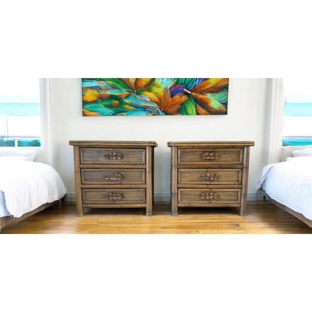 Coastal Vintage Coastal Rattan & Bamboo Nightstands - A Pair For Sale - Image 3 of 12