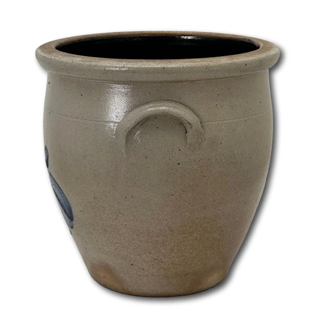 Mid 19th Century Rare Small 1 Gallon Size Antique Evan Jones Pittston Pennsylvania Blue Decorated Stoneware Cream Jar With Handles For Sale - Image 5 of 12