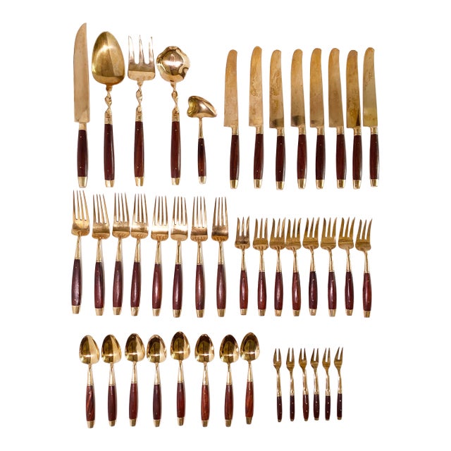 Vintage Rosewood and Brass Flatware - 43 Piece For Sale