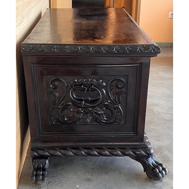 19th Century Spanish Carved Cassone Trunk with Original Hardware and Three Locks For Sale In Miami - Image 6 of 18