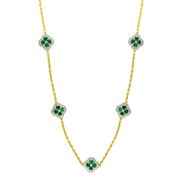5 Clover Natural Emerald Cluster & Diamond Station Chain Necklace, 14 KYG, 17 Gm For Sale - Image 15 of 18