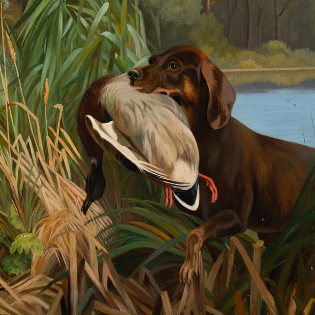 Original oil on canvas painting of hunting scene with retriever exiting water bringing a duck back to shore. The colors of...