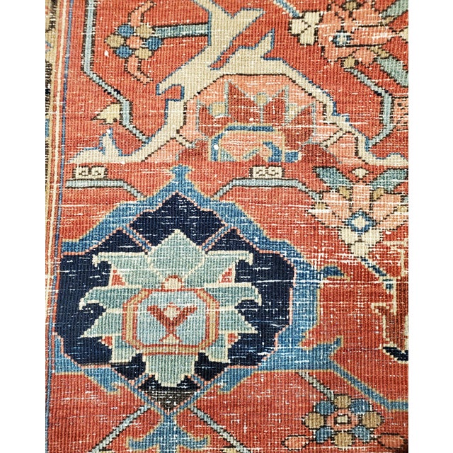 Red Antique Persian Serapi Carpet, Handmade Wool Oriental Rug, Rust, Ivory and Blue For Sale - Image 8 of 18