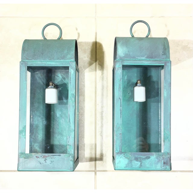 Pair of Custom Hand-Crafted Solid Copper Wall Lanterns -17”x 6”25 Wide X 7”deep For Sale In Miami - Image 6 of 10
