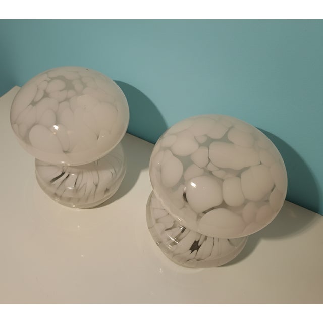 Pair of designer Murano glass mushroom lamps, in milky white, from the 1960s, made by master glassmaker Aldo Nason for...