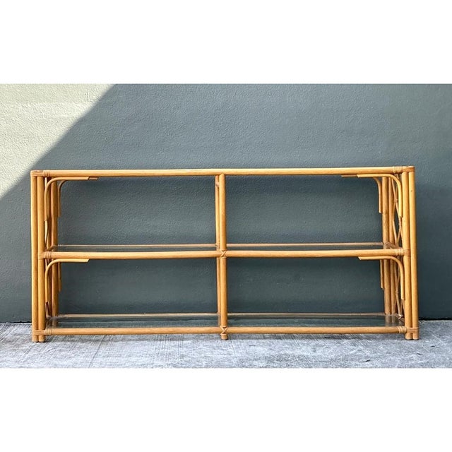 Wood Vintage Trellis Rattan and Glass Console Table For Sale - Image 7 of 12