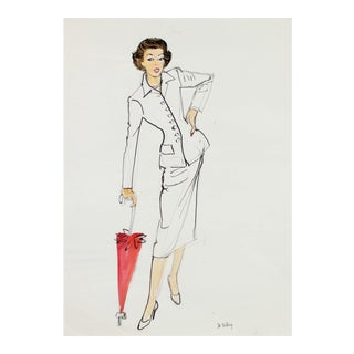 Marjorie Ullberg Mid-Century "Woman in White Suit" Fashion Illustration, Circa 1950 For Sale