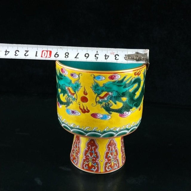 Ceramic Vintage Yellow Ground Famille Rose Stem Cup With Green Dragons For Sale - Image 7 of 9