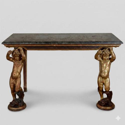 Console Table with Gilded Carved Cherubs and Green Alpine Marble Top For Sale - Image 9 of 9