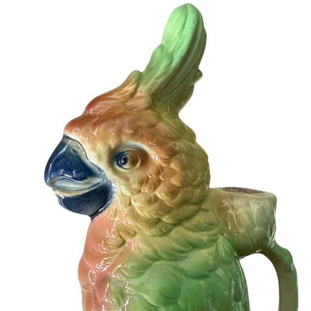 Art Deco Vintage French St. Clément Majolica Parrot Pitcher, C. 1920s–1930s — 13” For Sale - Image 3 of 9