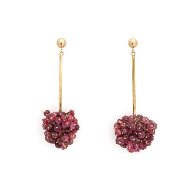 Raspberry Drop Earrings Pink Tourmaline Cluster Vintage 14k Yellow Gold 2" Drops For Sale - Image 4 of 4