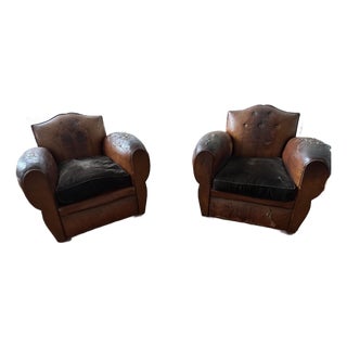 1920s Pair of Deco French Leather Club Chairs For Sale