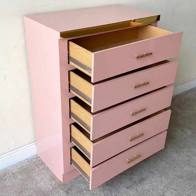 Postmodern Pink Lacquer Laminate & Gold Highboy Dresser 5 Drawers