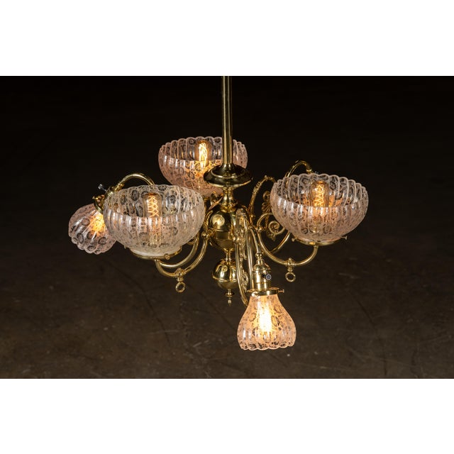 Victorian Vintage Brass Chandelier With Etched Glass Shades For Sale - Image 3 of 9