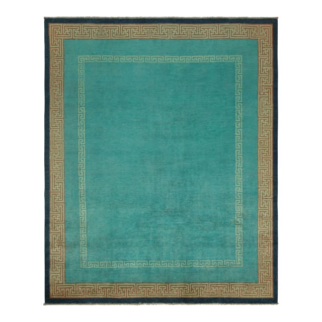 Rug & Kilim’s Art Deco Style Rug, Turquoise Blue Open Field & Greek Key Borders For Sale