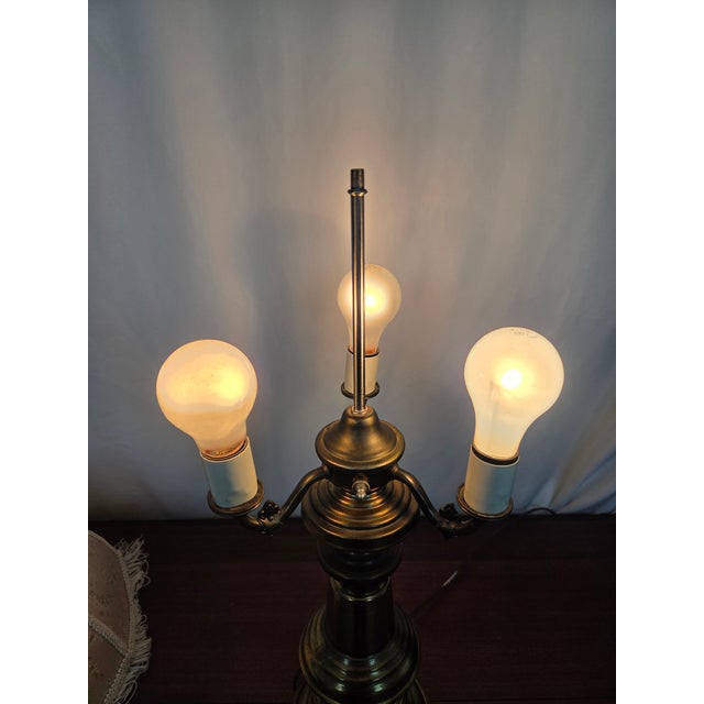 1940s Hollywood Regency Neoclassical Brass 3-Light Table Lamp W/ Fabric Fringe Shade For Sale - Image 12 of 12