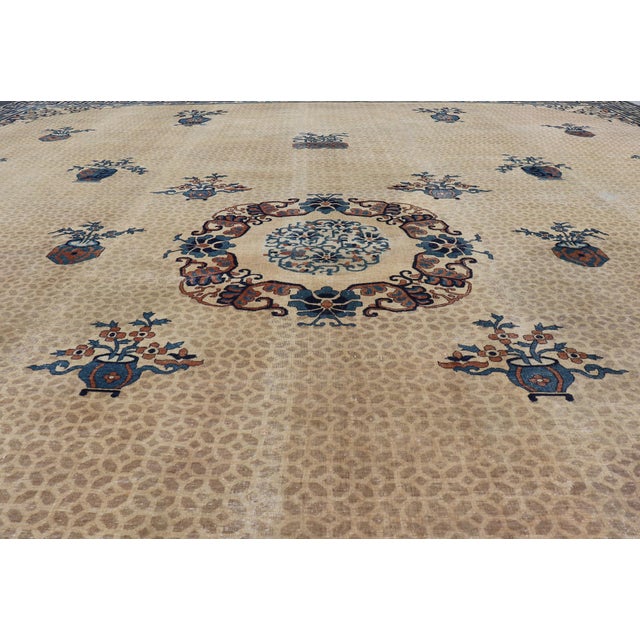 1900 - 1909 Antique Chinese Peking Pile Rug in Beige and Blue Floral Design 15' X 18'5" For Sale - Image 5 of 10