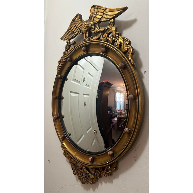 Neoclassical American Federal Style Giltwood Eagle Crest Convex Mirror, Mid-20th Century For Sale - Image 3 of 12