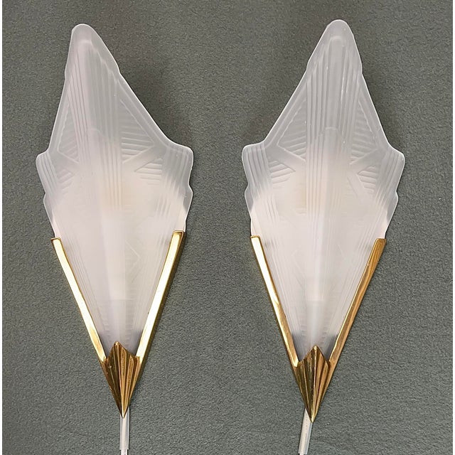 Art Deco Style Triangle Glass Brass Wall Lights Sconces, Sweden, 1980s, Set of 2 For Sale - Image 3 of 14