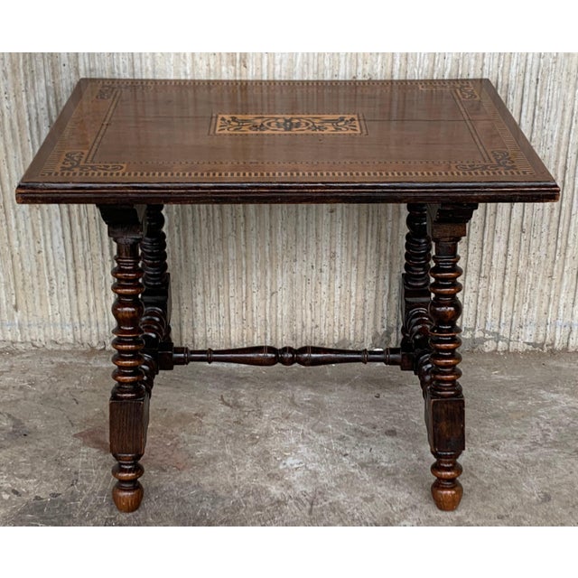 19th Century Baroque Spanish Side Table with Marquetry Top & Turned Legs For Sale - Image 16 of 18