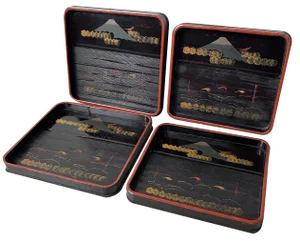 Wooden Lacquer Trays with Mountain Landscape, 1920s, Set of 4