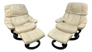 Late 20th Century Pair of j.e Ekornes "Stressless" Leather Recliners W/ Matching Ottomans