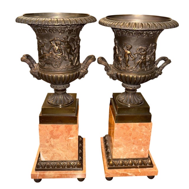 Pair of 19th Century French Bronze Urns on Marble Pedestals. For Sale - Image 4 of 10